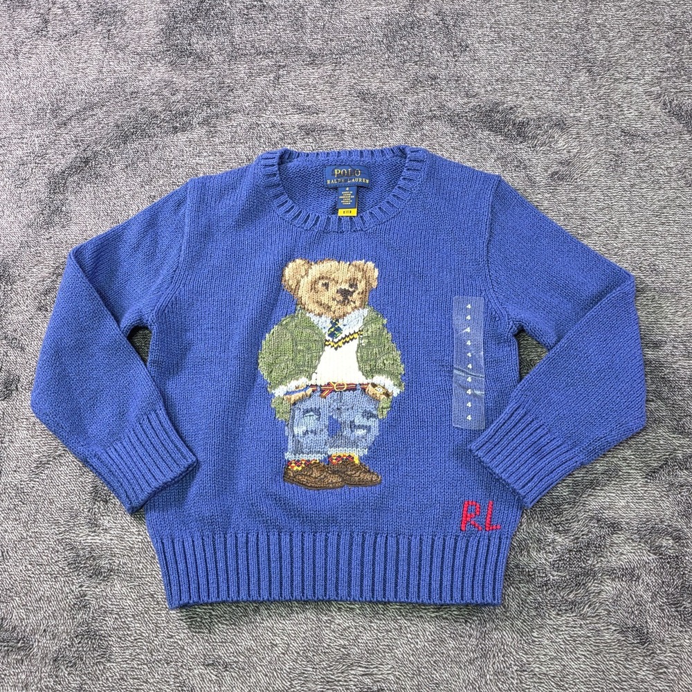 Ralph Lauren Polo Bear Sweater Kids Size 4 Intarsia Chunk Knit Preppy Bear Blue